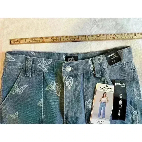 Simple Society Womens 5/27 Super High Rise Baggy Denim Jeans Butterfly Print - Picture 5 of 10